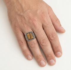 Square cut tigers eye men ring with greek pattern
