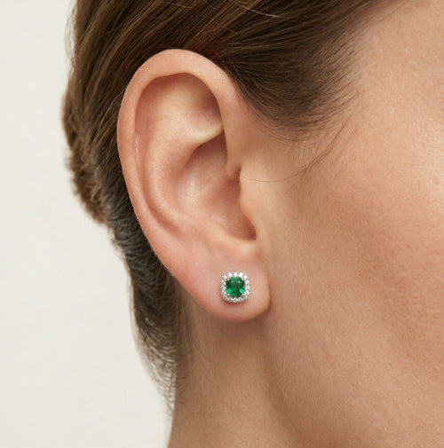 Silver stud earrings with square synthetic emerald