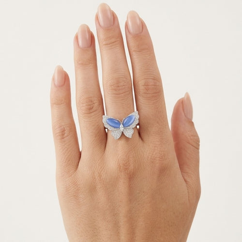 Sterlingsilber-Ring mit Schmetterling und blauem Katzenauge