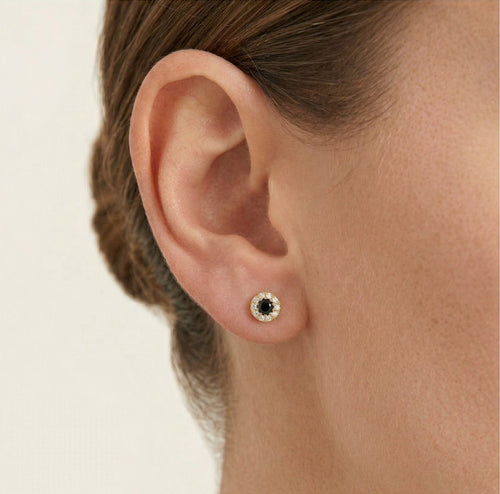 Black onyx halo cubic zirconia yellow gold stud earrings