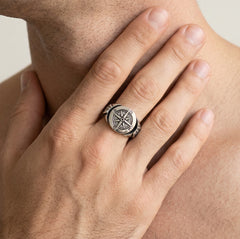 Sterling silver wind rose men ring with winged sides