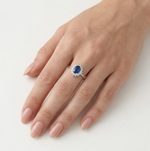 Sterlingsilber-Halo-Ring mit Saphir