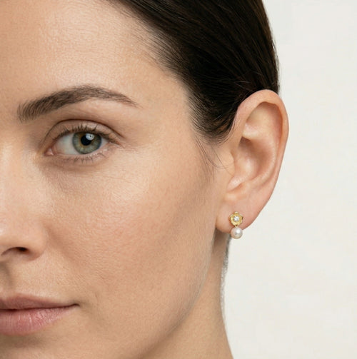 Gold flower with cubic zirconia and pearl baby drop earrings
