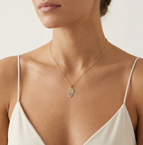 Filigree hamsa hand two tone gold pendant