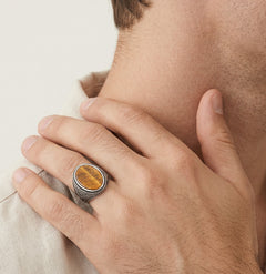 Oval cut tigers eye men ring viking style