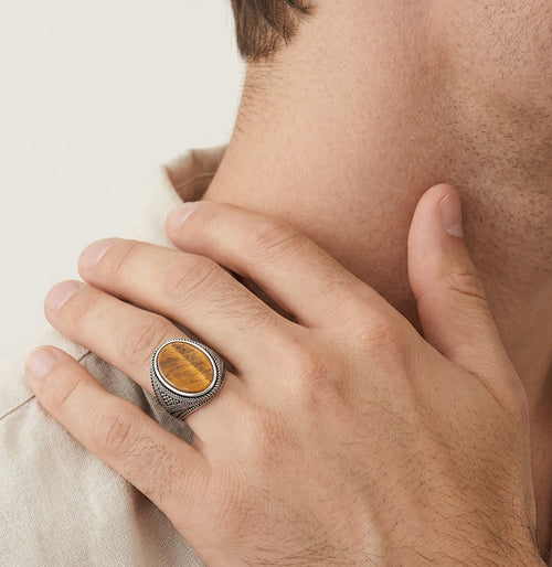 Oval cut tigers eye men ring viking style