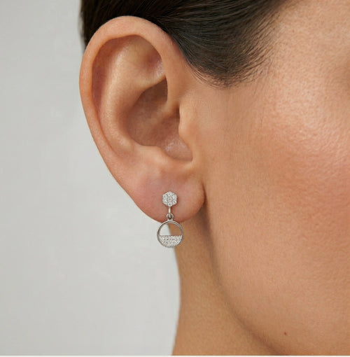 Silver stud earrings with half-ring cubic zirconia dangles