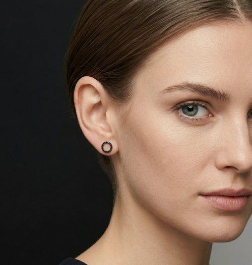 Yellow gold circle earrings with black onyx