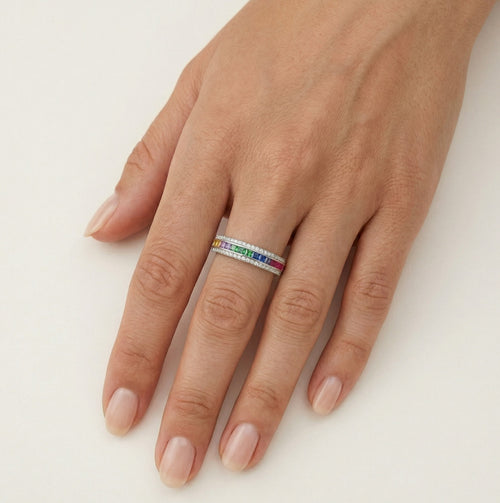 Silver rainbow gemstone ring