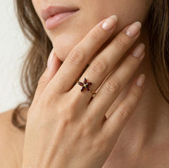 Marquise-cut garnet flower design ring