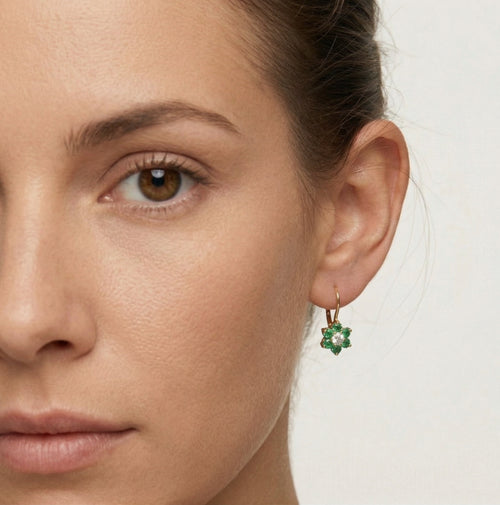 Green flower gold earrings