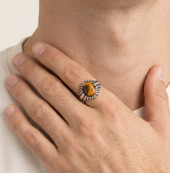 Round cut tigers eye men ring with side lines