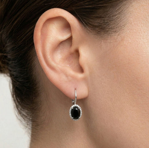Halo oval onyx white gold earrings