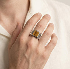 Square cut tigers eye men ring in sterling silver