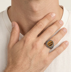 Oval cut tigers eye men ring viking style