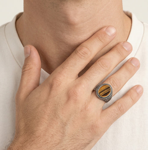 Oval cut tigers eye men ring viking style