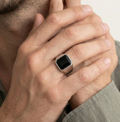 Emerald cut onyx men ring in polished silver