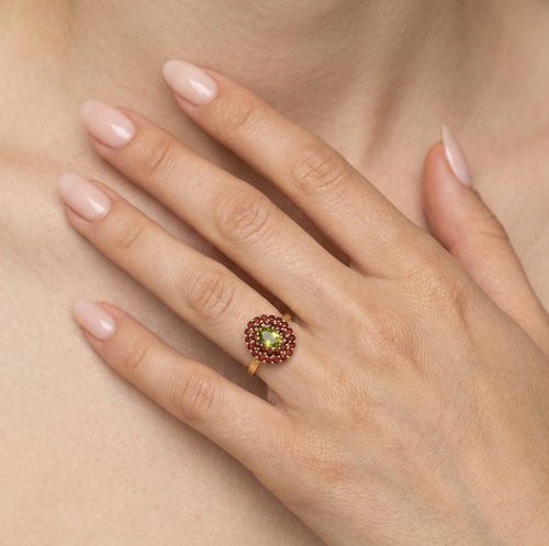 Gemstone duo oval moldavite and round garnet ring