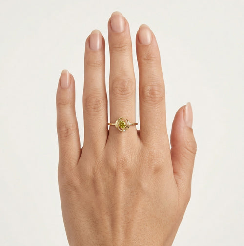 Moldavite round yellow gold women ring