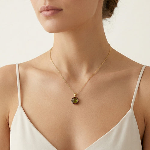 Regal Splendor Pendant In Yellow Gold With Moldavite And Garnet