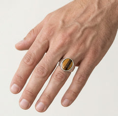 Oval cut tigers eye men ring in sterling silver