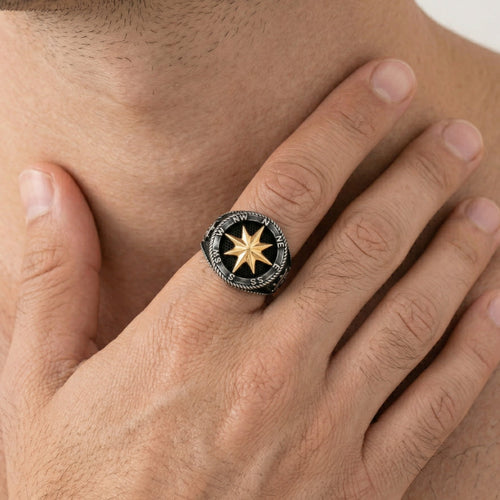 Silver wind rose men ring
