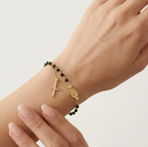 Gold rosary bracelet with onyx