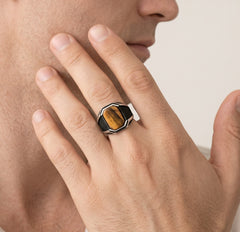 Tiger eye rectangular cut men ring