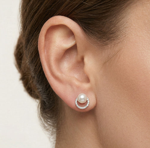 Pendientes de plata con perla y círculo con circonitas cúbicas