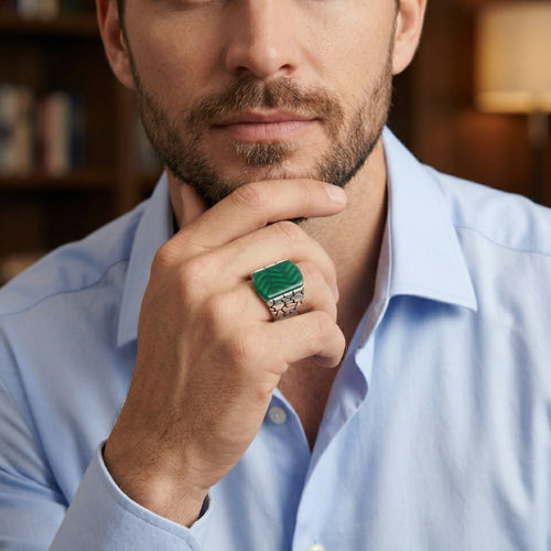 Pánský prsten ze stříbra s jadeitem, radiant brus