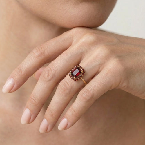 Harmony of shapes gold garnet ring