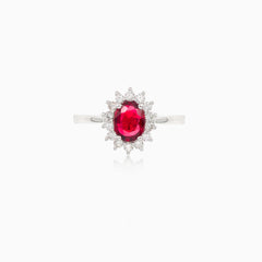 White gold ruby ring with halo of diamonds