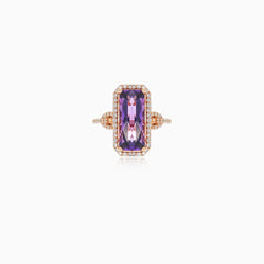Emerald cut amethyst rose gold diamond ring