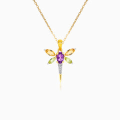 Multi-gemstone dragonfly pendant