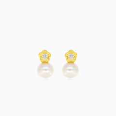 Gold flower with cubic zirconia and pearl baby drop earrings