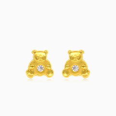 Cubic zirconia teddy bear stud earrings in yellow gold