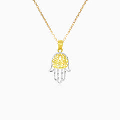 Filigree hamsa hand two tone gold pendant