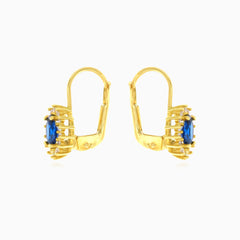 Yellow gold sapphire oval halo drop earrings