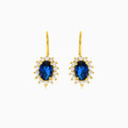 Yellow gold sapphire oval halo drop earrings