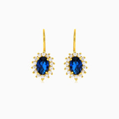 Yellow gold sapphire oval halo drop earrings