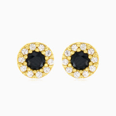 Black onyx halo cubic zirconia yellow gold stud earrings
