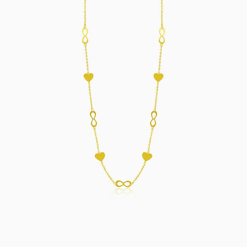 Gold necklace with hearts and infinity symbols