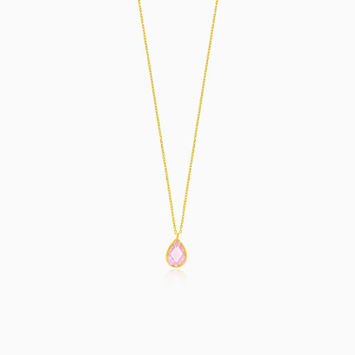 Collar fino de oro con forma de gota y cuarzo rosa