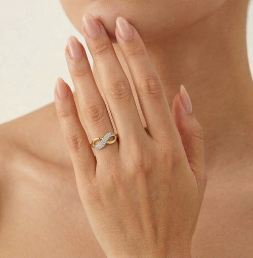 Unendlichkeit-Goldring mit zwei Zirkonia-Reihen