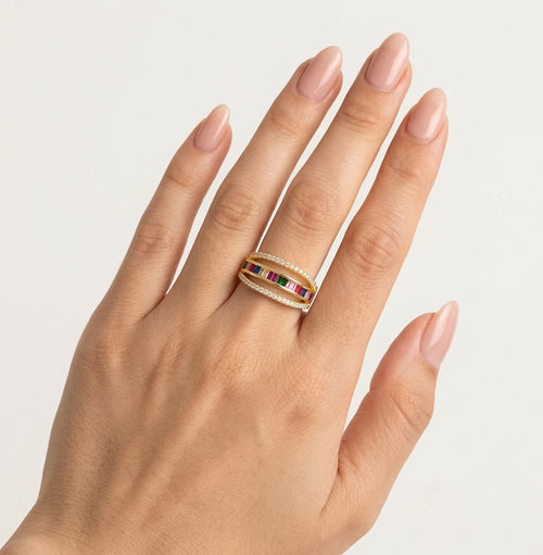 Multi color yellow gold ring