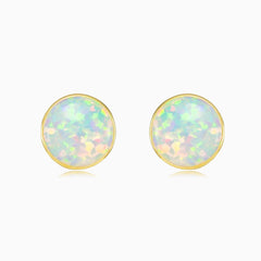 Zlaté náušnice kulaté bílý opál
