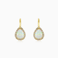 Pear white opal gold earrings