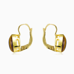 Oval tiger's eye gold earrings
