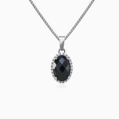 Halo oval onyx white gold pendant