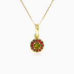 Pendentif Harmonie en or jaune avec moldavite et grenat